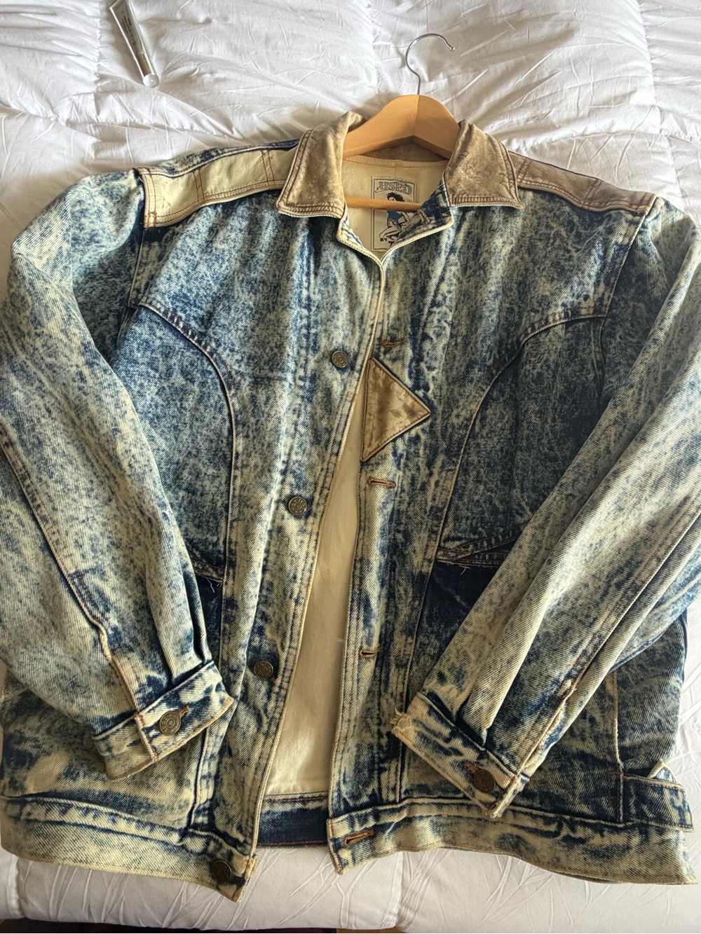 Vintage Acid-Wash Denim and Branded Leather Jacket - Light Blue and Beige